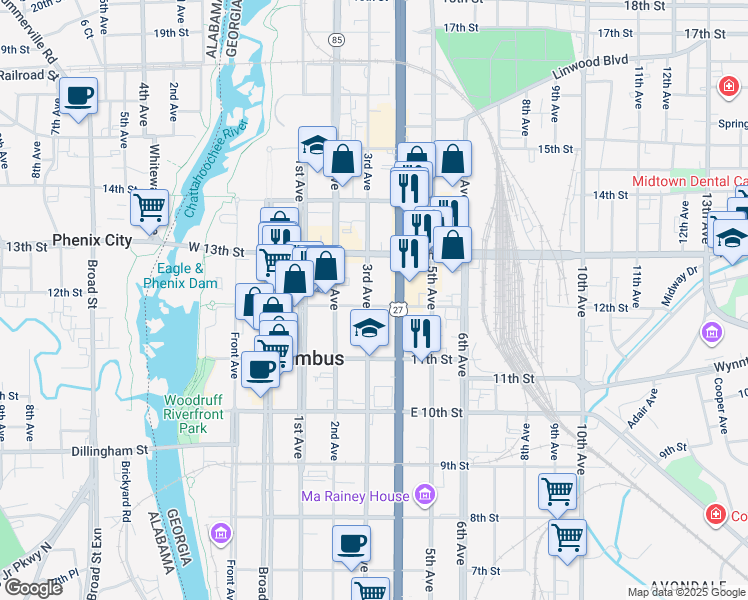 map of restaurants, bars, coffee shops, grocery stores, and more near 303 12th Street in Columbus