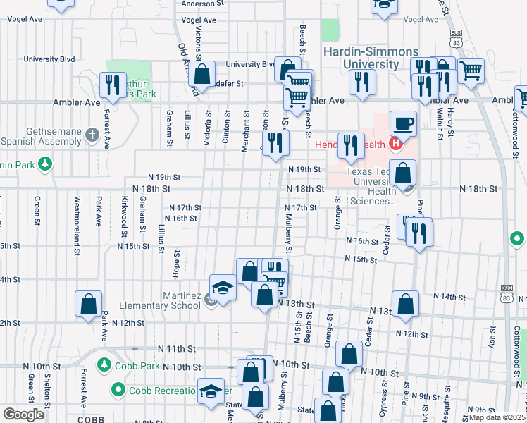 map of restaurants, bars, coffee shops, grocery stores, and more near 1641 Swenson Street in Abilene