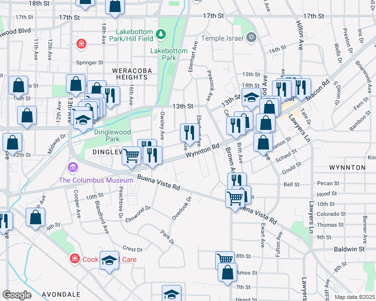 map of restaurants, bars, coffee shops, grocery stores, and more near 1933 Wynnton Road in Columbus