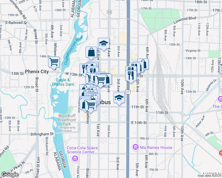 map of restaurants, bars, coffee shops, grocery stores, and more near 211 12th Street in Columbus