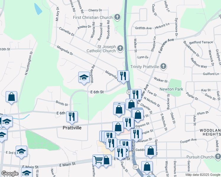 map of restaurants, bars, coffee shops, grocery stores, and more near 703 East 6th Street in Prattville