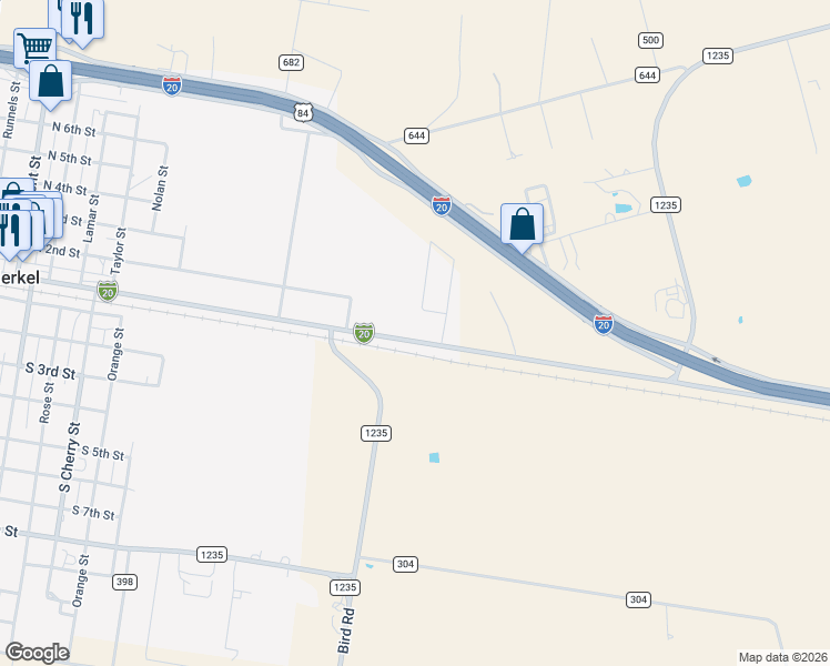 map of restaurants, bars, coffee shops, grocery stores, and more near 45 Humphreys Village in Merkel