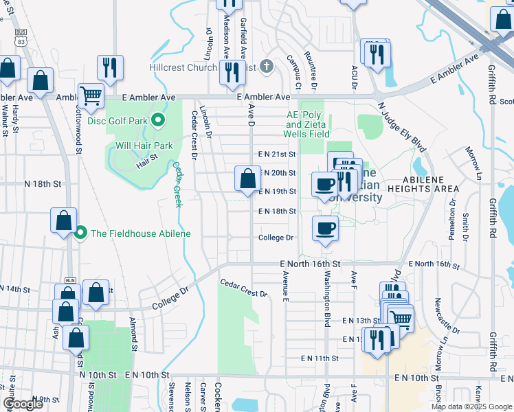 map of restaurants, bars, coffee shops, grocery stores, and more near 610 East North 18th Street in Abilene