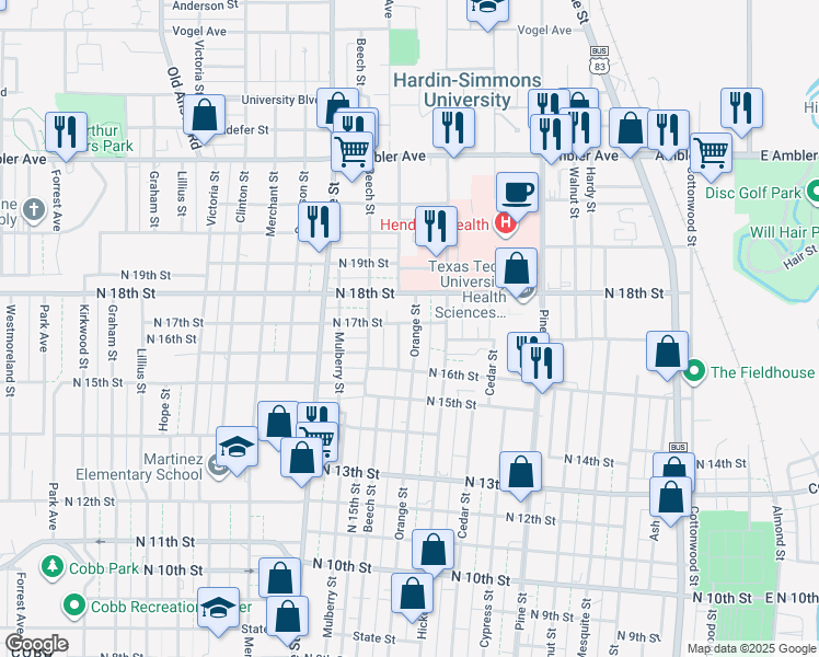 map of restaurants, bars, coffee shops, grocery stores, and more near 1674 Orange Street in Abilene