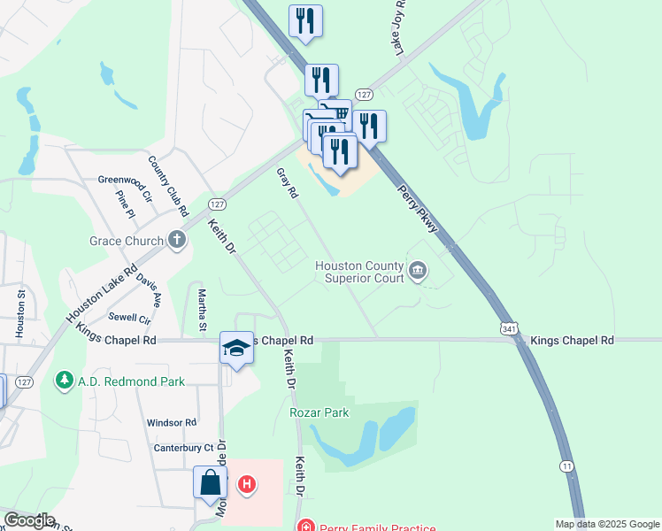 map of restaurants, bars, coffee shops, grocery stores, and more near 518 Gray Road in Perry