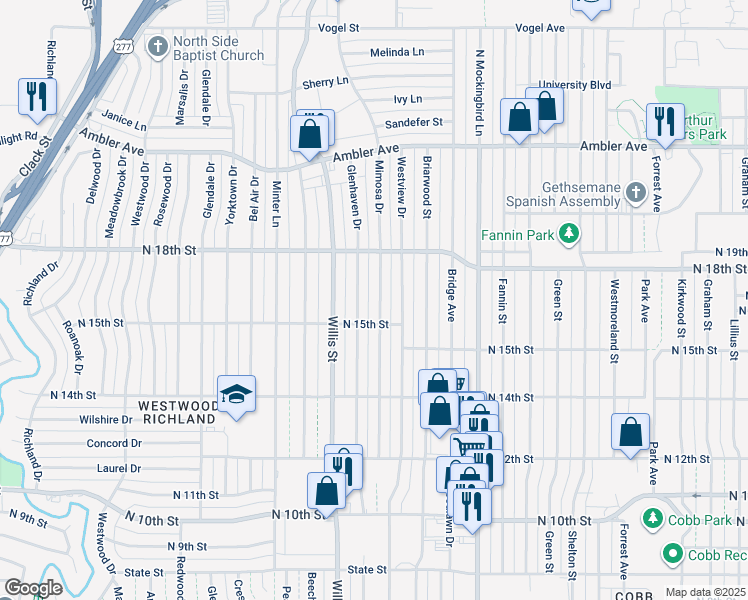 map of restaurants, bars, coffee shops, grocery stores, and more near 1572 Mimosa Drive in Abilene