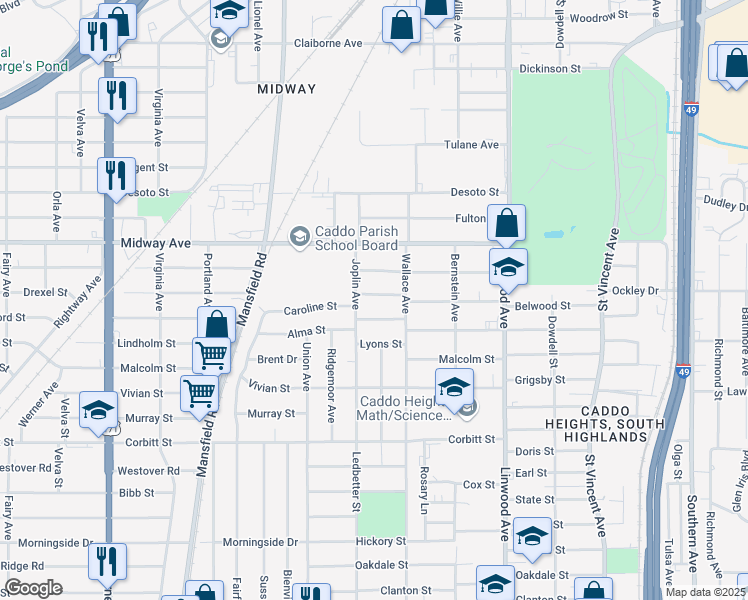 map of restaurants, bars, coffee shops, grocery stores, and more near 1839 Rainwater Street in Shreveport