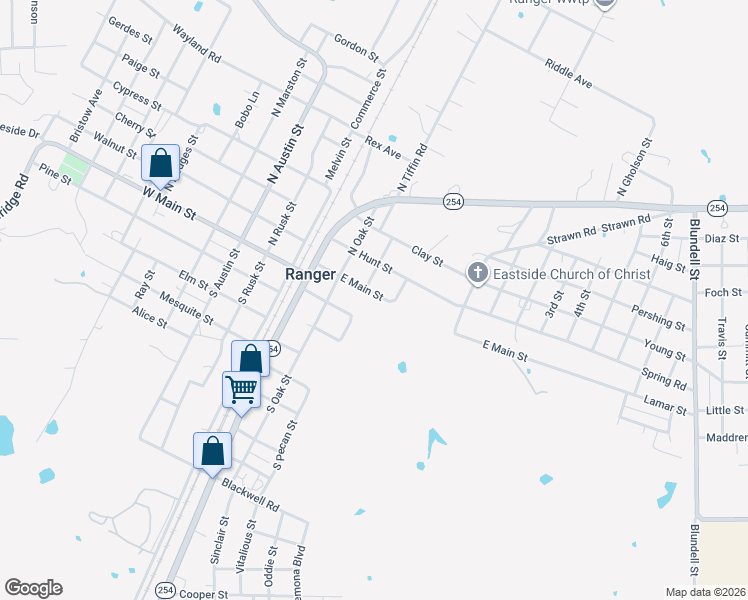 map of restaurants, bars, coffee shops, grocery stores, and more near 316 East Main Street in Ranger