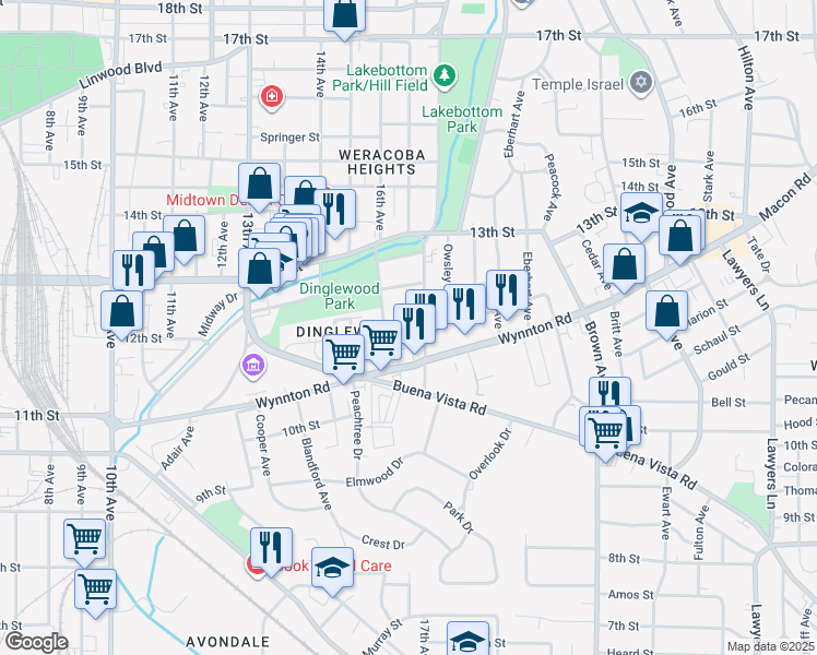 map of restaurants, bars, coffee shops, grocery stores, and more near 1719 12th Street in Columbus