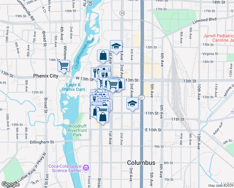 map of restaurants, bars, coffee shops, grocery stores, and more near in Columbus