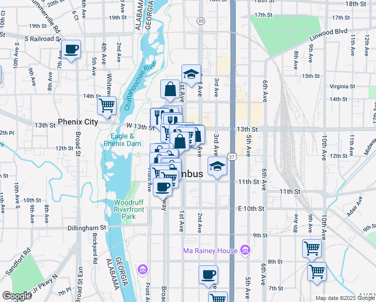 map of restaurants, bars, coffee shops, grocery stores, and more near in Columbus