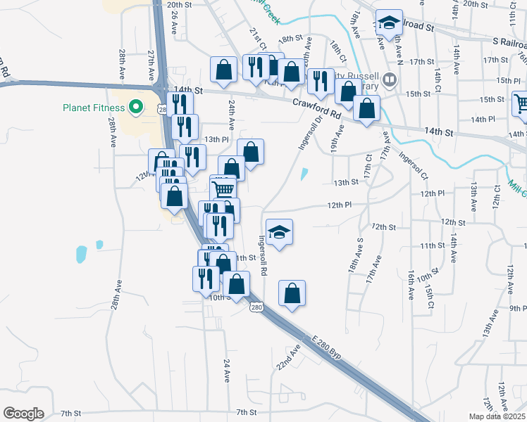 map of restaurants, bars, coffee shops, grocery stores, and more near 1125 Ingersoll Road in Phenix City