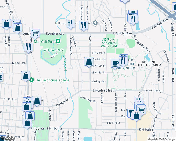 map of restaurants, bars, coffee shops, grocery stores, and more near 542 East North 18th Street in Abilene