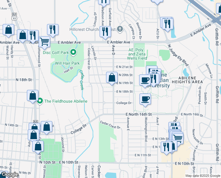 map of restaurants, bars, coffee shops, grocery stores, and more near 542 East North 18th Street in Abilene