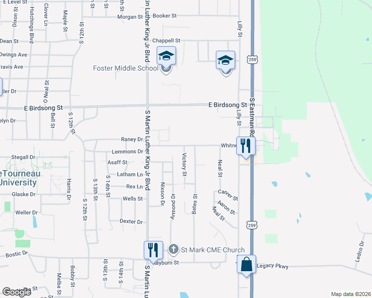 map of restaurants, bars, coffee shops, grocery stores, and more near 1200 Whitney St in Longview