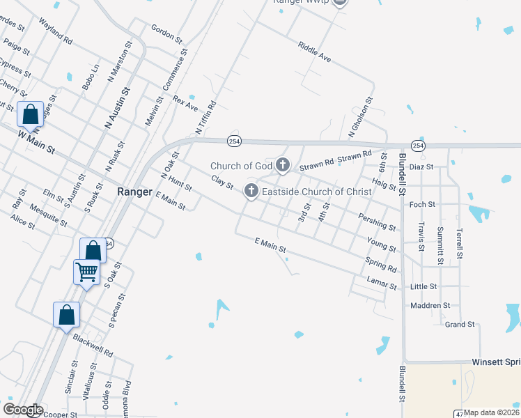 map of restaurants, bars, coffee shops, grocery stores, and more near 313 1st Street in Ranger