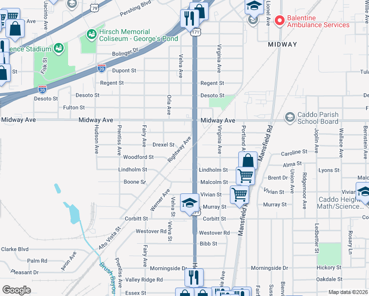 map of restaurants, bars, coffee shops, grocery stores, and more near 4251 Rightway Avenue in Shreveport