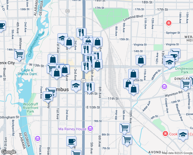 map of restaurants, bars, coffee shops, grocery stores, and more near 501 12th Street in Columbus