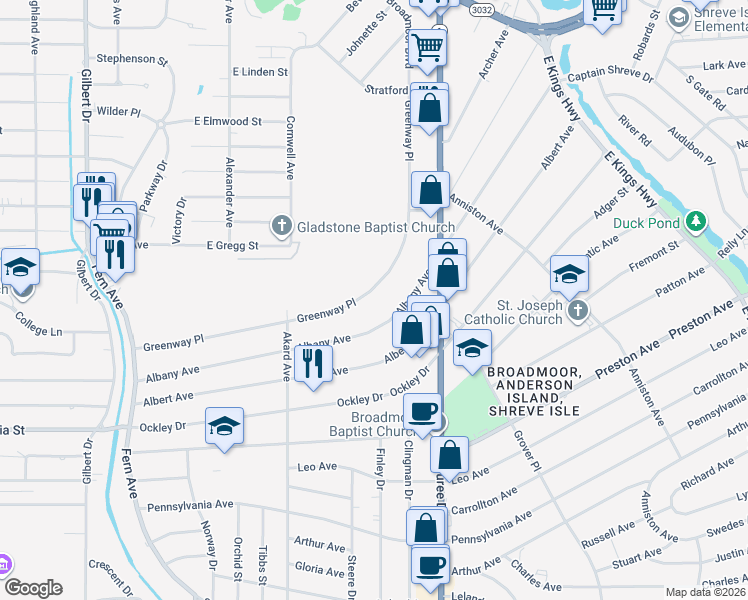 map of restaurants, bars, coffee shops, grocery stores, and more near 3745 Greenway Place in Shreveport