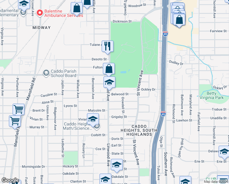 map of restaurants, bars, coffee shops, grocery stores, and more near 1526 Belwood Street in Shreveport