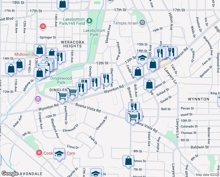 map of restaurants, bars, coffee shops, grocery stores, and more near 2001 Wynnton Road in Columbus