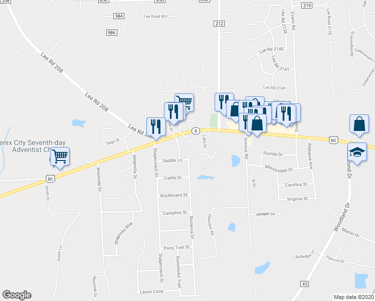 map of restaurants, bars, coffee shops, grocery stores, and more near 103 Bonanza Drive in Phenix City
