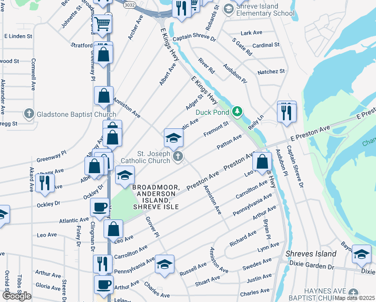 map of restaurants, bars, coffee shops, grocery stores, and more near 177 Fremont Street in Shreveport