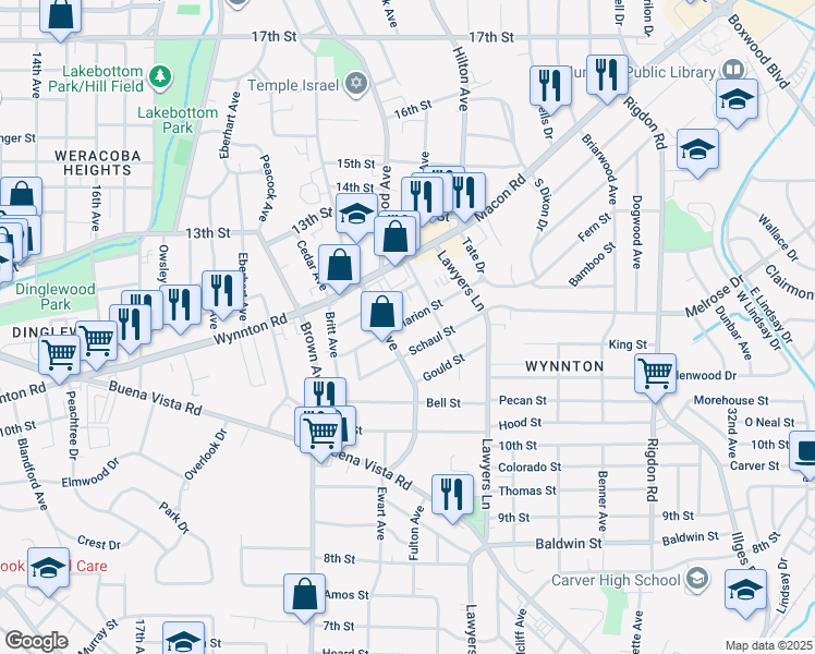 map of restaurants, bars, coffee shops, grocery stores, and more near 2416 Marion Street in Columbus