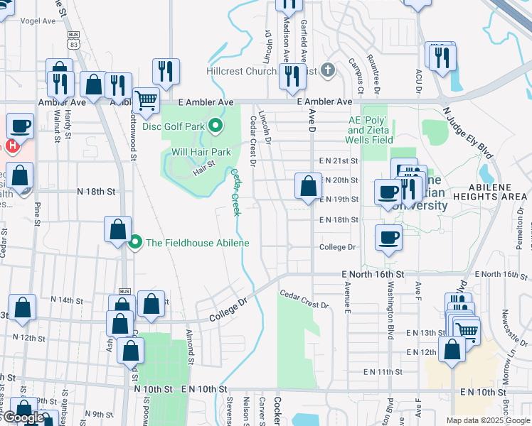 map of restaurants, bars, coffee shops, grocery stores, and more near 1809 Cedar Crest Drive in Abilene