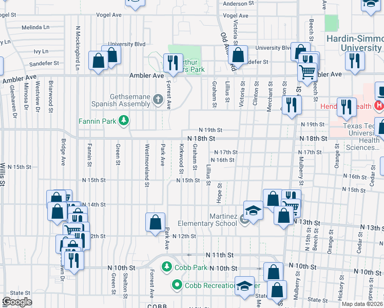 map of restaurants, bars, coffee shops, grocery stores, and more near 1626 Graham Street in Abilene