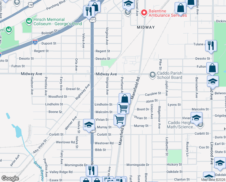 map of restaurants, bars, coffee shops, grocery stores, and more near 2535 Drexel Street in Shreveport