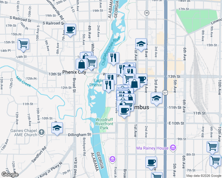 map of restaurants, bars, coffee shops, grocery stores, and more near 1201 Front Avenue in Columbus