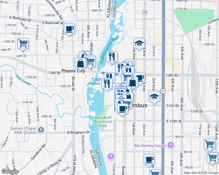 map of restaurants, bars, coffee shops, grocery stores, and more near 1201 Front Avenue in Columbus