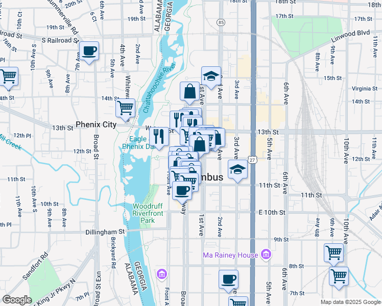 map of restaurants, bars, coffee shops, grocery stores, and more near 1204 Broadway in Columbus