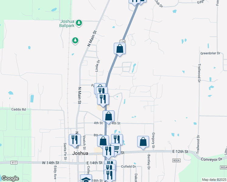 map of restaurants, bars, coffee shops, grocery stores, and more near 112 Oak Hill Drive in Joshua