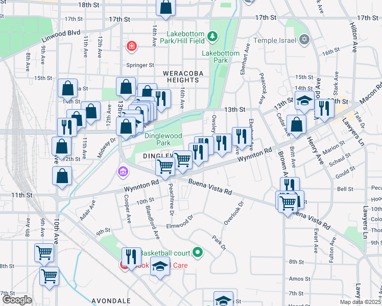 map of restaurants, bars, coffee shops, grocery stores, and more near 1615 12th Street in Columbus