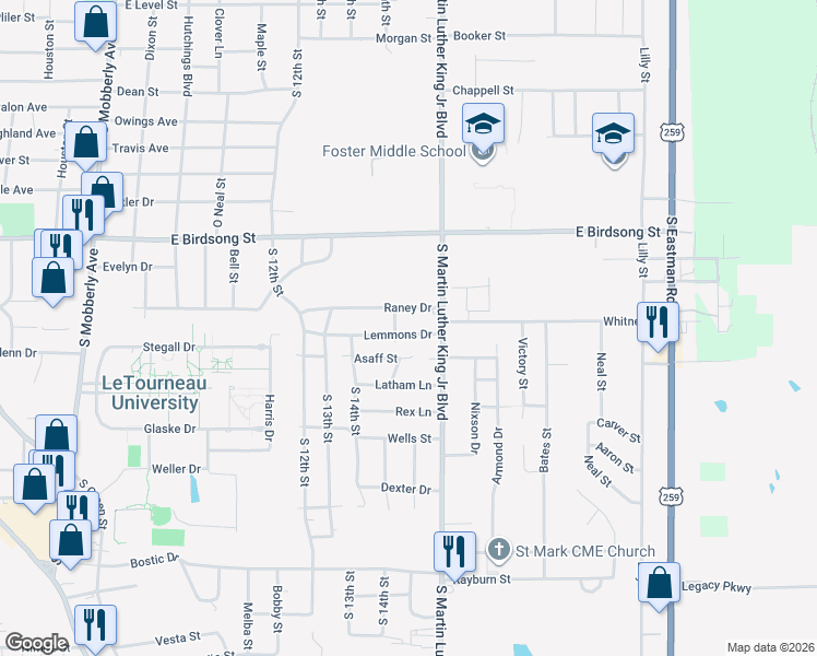 map of restaurants, bars, coffee shops, grocery stores, and more near 1203 Lemmons Drive in Longview