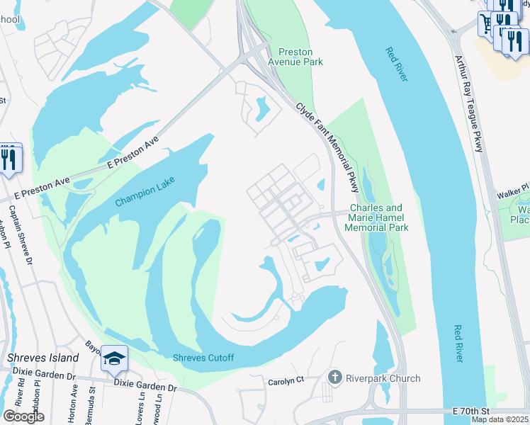 map of restaurants, bars, coffee shops, grocery stores, and more near 1052 Sunshine Lane in Shreveport