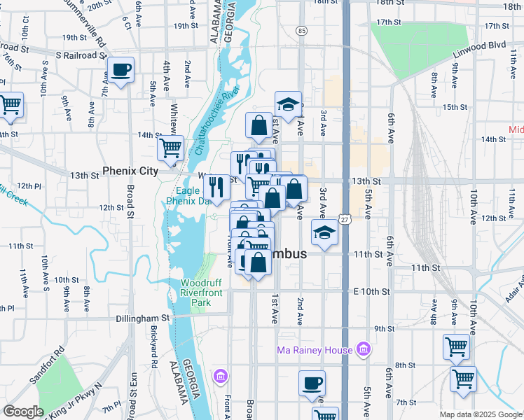map of restaurants, bars, coffee shops, grocery stores, and more near 1204 Broadway in Columbus