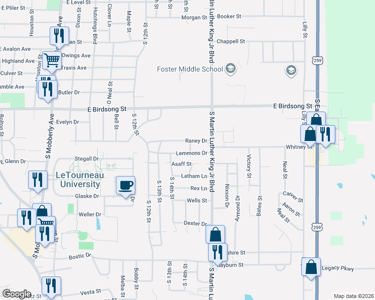 map of restaurants, bars, coffee shops, grocery stores, and more near 1117 Lemmons Drive in Longview