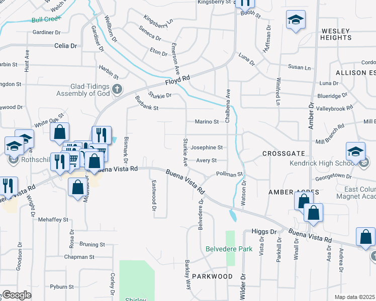 map of restaurants, bars, coffee shops, grocery stores, and more near 4706 Josephine Street in Columbus