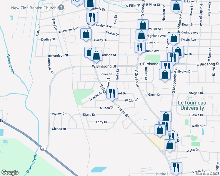 map of restaurants, bars, coffee shops, grocery stores, and more near 2001-2099 West Street in Longview