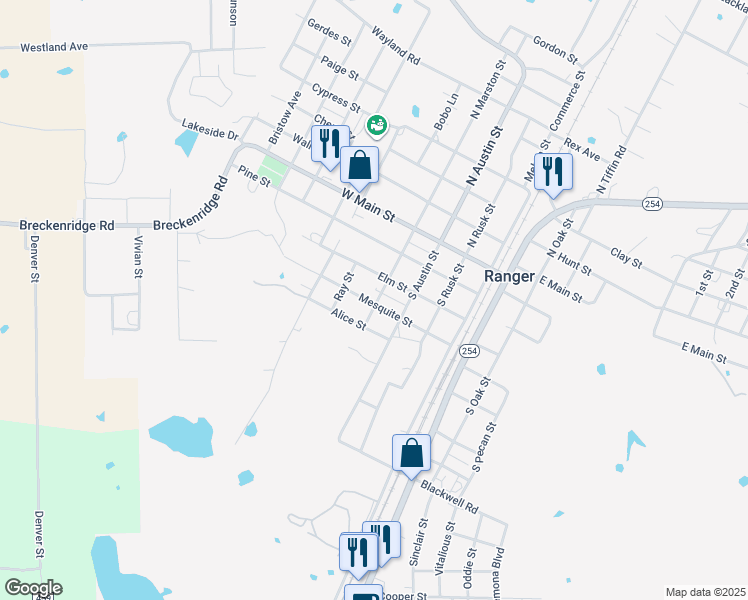 map of restaurants, bars, coffee shops, grocery stores, and more near 410 Mesquite Street in Ranger