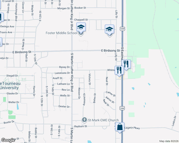 map of restaurants, bars, coffee shops, grocery stores, and more near 1200 Whitney Street in Longview