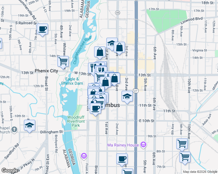 map of restaurants, bars, coffee shops, grocery stores, and more near in Columbus