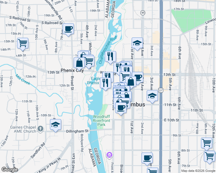 map of restaurants, bars, coffee shops, grocery stores, and more near 1201 Front Avenue in Columbus