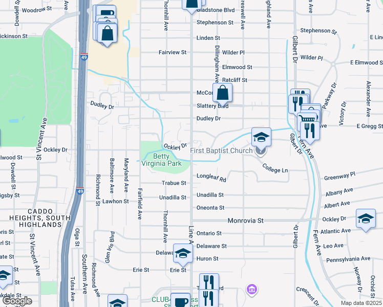 map of restaurants, bars, coffee shops, grocery stores, and more near Line Ave & Ockley Dr in Shreveport