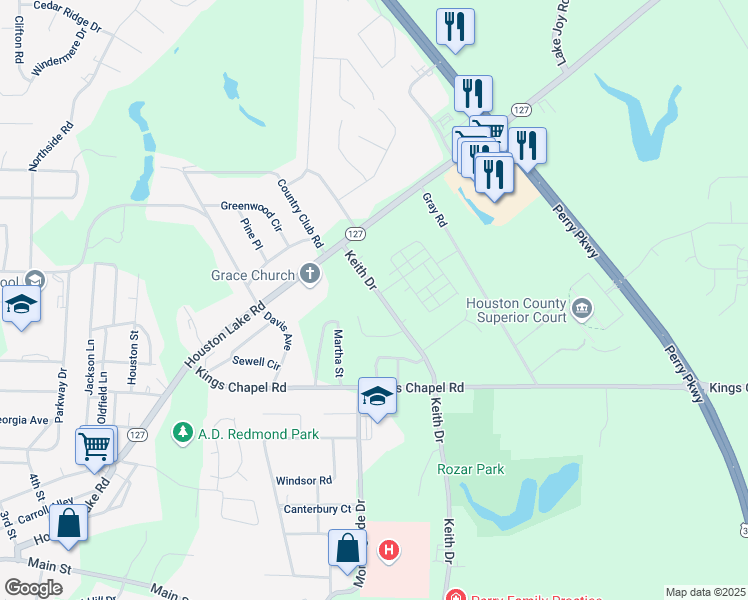 map of restaurants, bars, coffee shops, grocery stores, and more near 1315 Keith Drive in Perry