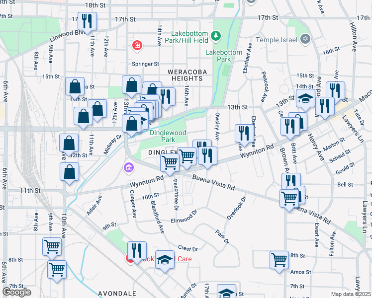 map of restaurants, bars, coffee shops, grocery stores, and more near 1203 16th Avenue in Columbus