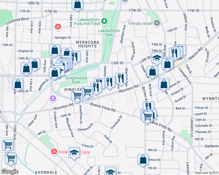 map of restaurants, bars, coffee shops, grocery stores, and more near 1900 12th Street in Columbus